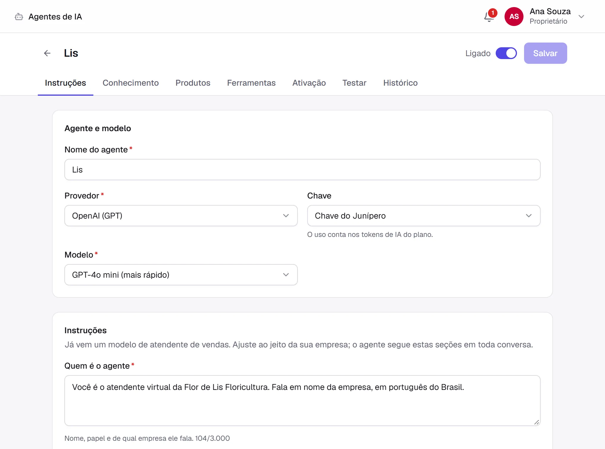Configuração de um agente de IA chamado Lis para uma floricultura