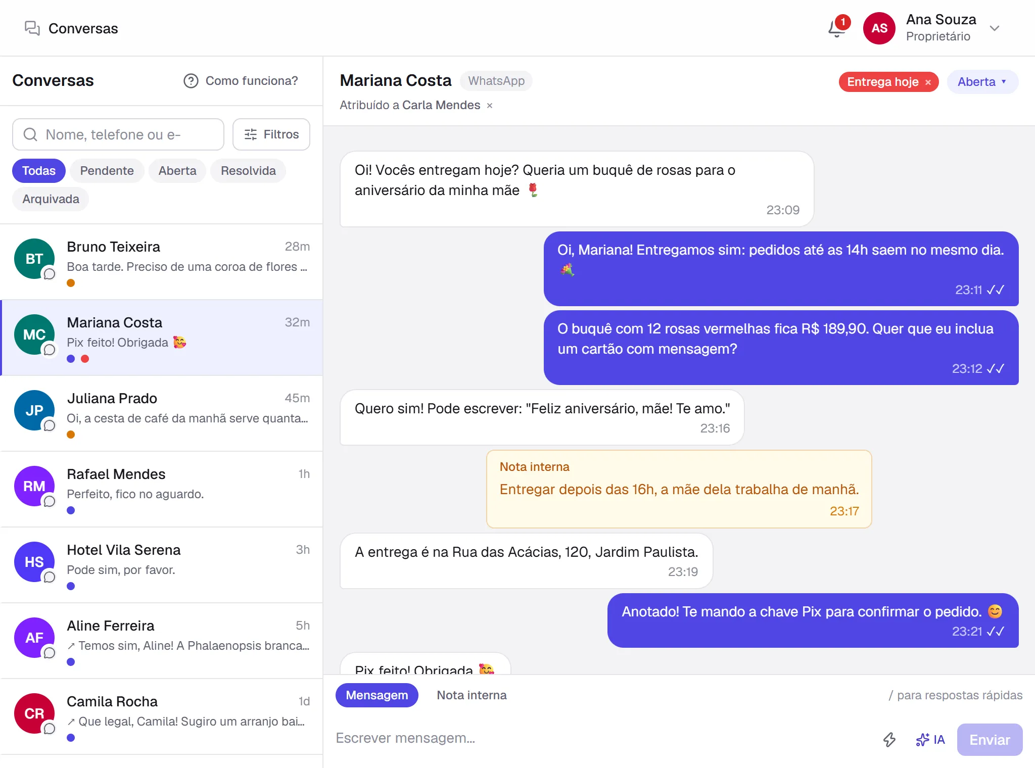 Caixa de entrada do Junípero com conversas do WhatsApp de uma floricultura