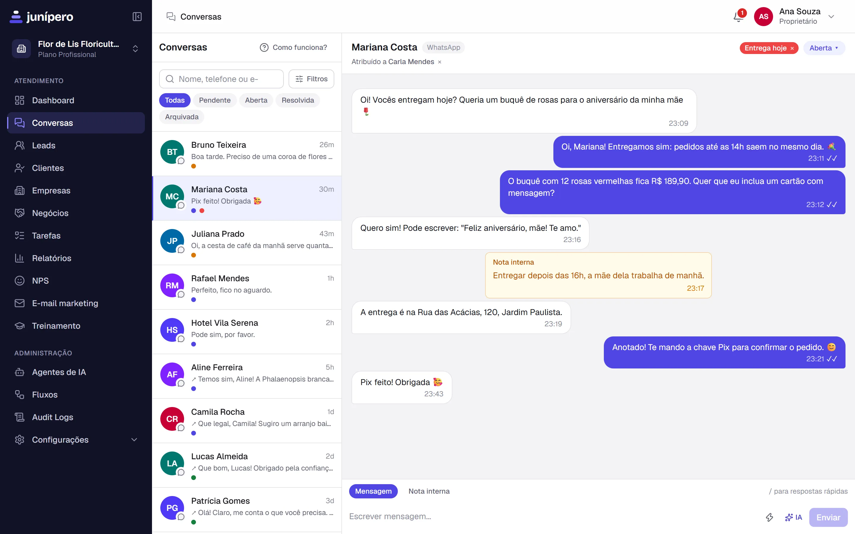 Caixa de entrada do Junípero com conversas do WhatsApp de uma floricultura